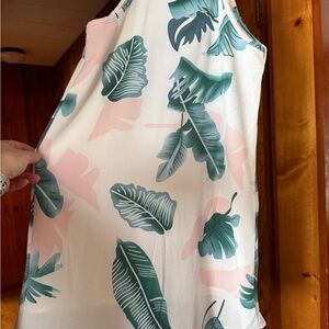 Tropical Leaf Print Sleeveless Dress - Pink & Teal